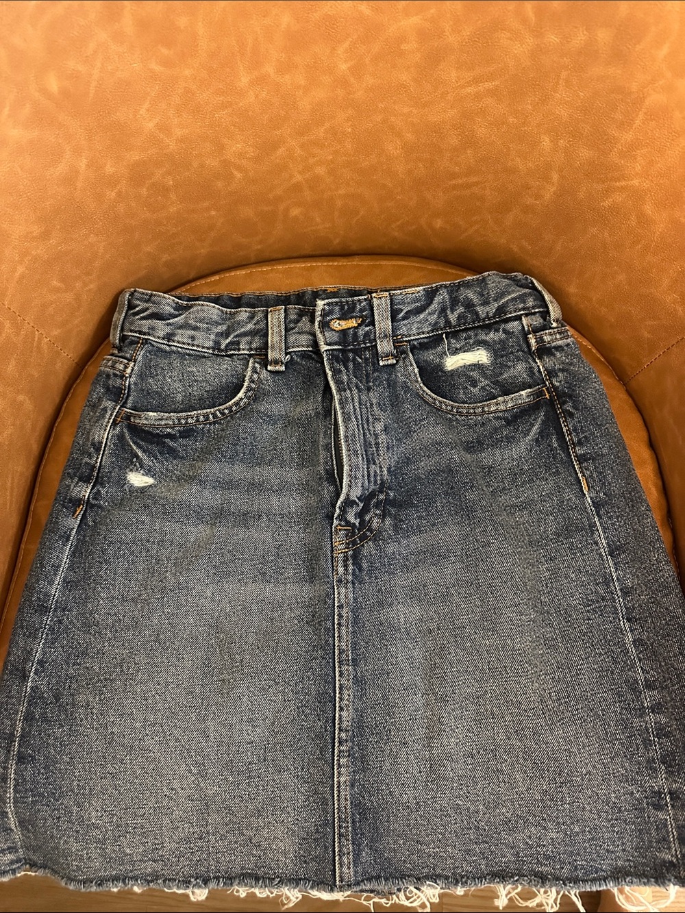 High-Waist Distressed Denim Skirt - Blue